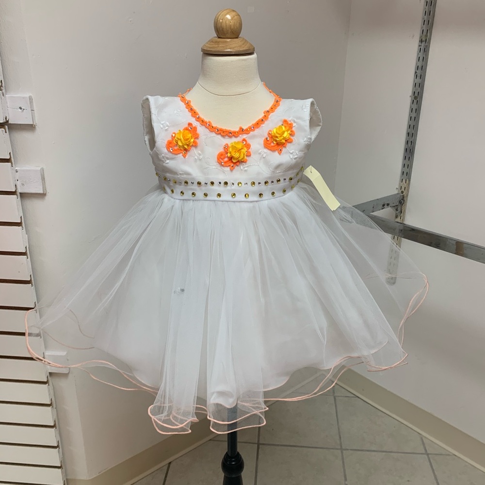 Sz 3T White & Orange Flower Girl Easter Pageant Baby Doll Style Dress & Bow NWT
